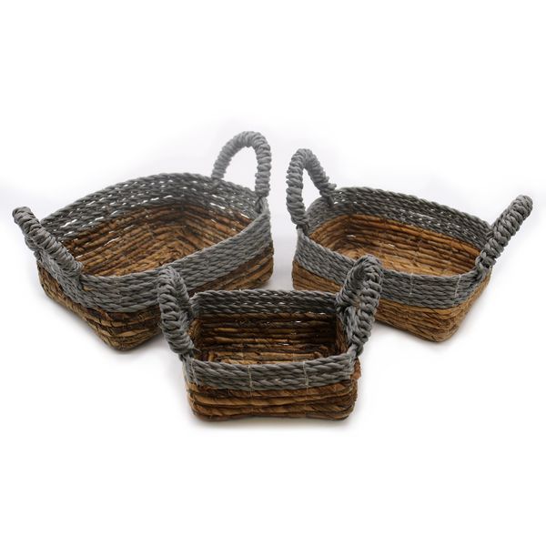 Banánlevél és szürke raffia négyzetes kosarak- 3 darabos szett