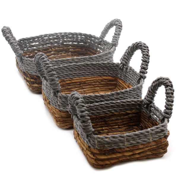 Banánlevél és szürke raffia négyzetes kosarak- 3 darabos szett