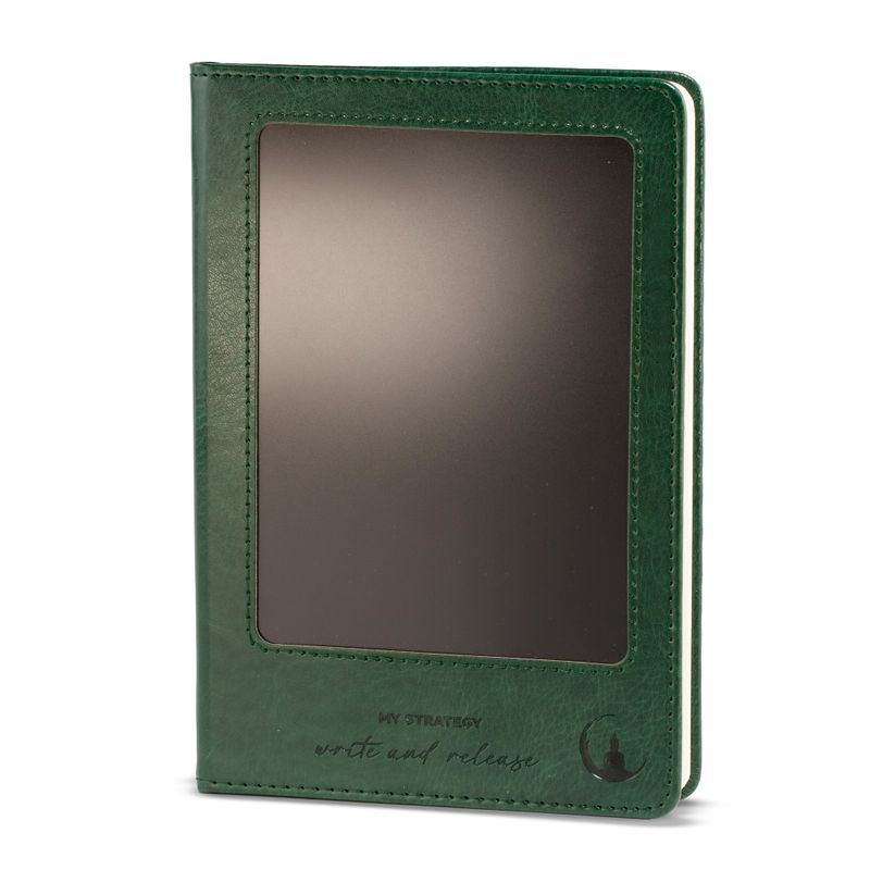 Szándékjegyzetfüzet - LCD törlő képernyő - zöld bőrhatás - sárgaréz levél - 80 oldal
