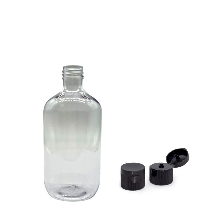 250ml-es átlátszó műanyag Boston flakon, 28mm-es pattintós kupakkal