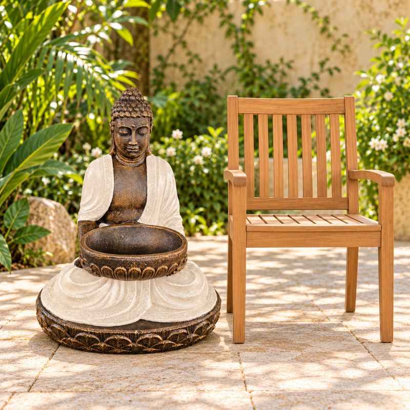 Nagy ülő Buddha szobor tállal, homok és kő hatású, 80 cm