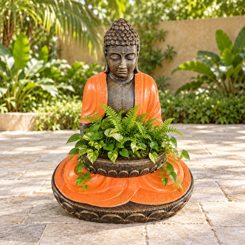 Nagy terrakotta és kő ülő Buddha tállal 80 cm