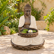 Nagy ülő Buddha szobor tállal, homok és kő hatású, 80 cm