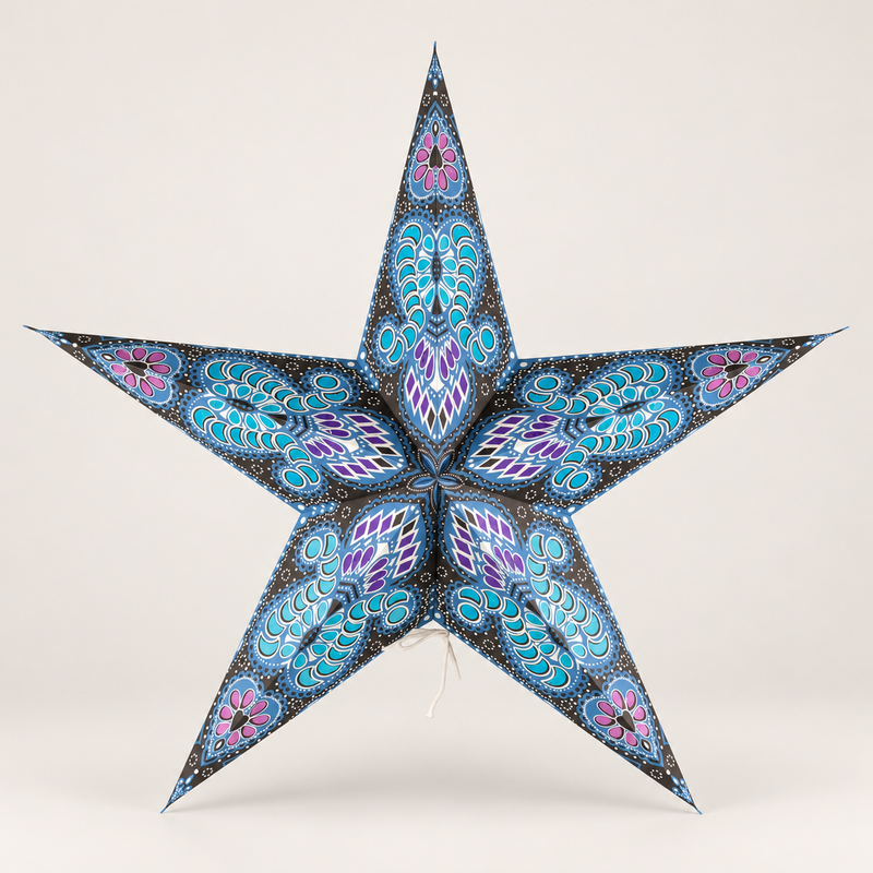 Csillaglámpa - Lila és türkiz pávamintás, ötágú - 60cm