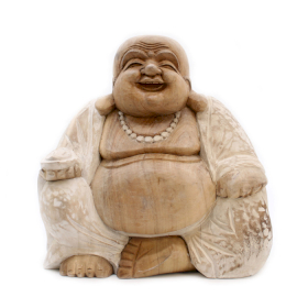 Kézműves Buddha Szobor - 30cm Boldog - Fehér Súrolt