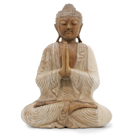 Kézműves Buddha Szobor - 40cm Üdvözlő - Fehér Súrolt