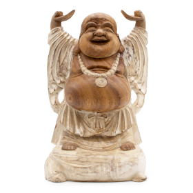 Kézműves Buddha Szobor - 40cm Felemelt Kezek - Fehér Súrolt