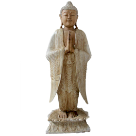 Kézműves Buddha Szobor - 100 cm Üdvözlő - Fehér Súrolt-Sérült