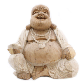 Kézműves Buddha Szobor - 50cm Boldog - Fehér Súrolt