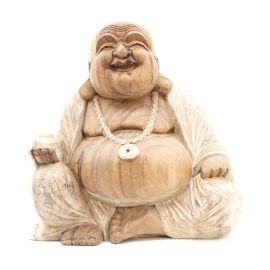 Kézműves Buddha Szobor - 40cm Boldog - Fehér Súrolt