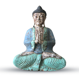 Vintage Kék és Türkiz Kézi Faragású Buddha Szobor - 40cm - Üdvözlő