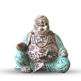 Vintage Türkiz Kézi Faragású Buddha Szobor - 40cm - Boldog