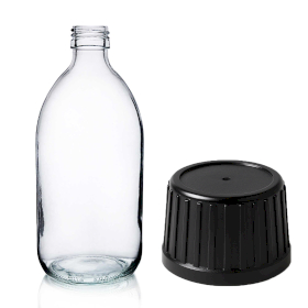 30x 500ml Átlátszó Gyógyszeres Üveg Fekete Kupakkal