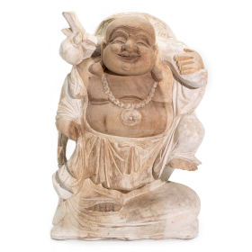 Kézműves Buddha Szobor - 30cm Fát Hozó - Fehér Súrolt,sérült