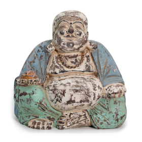 Vintage Kék és Türkiz Kézi Faragású Buddha Szobor - 30cm - Boldog
