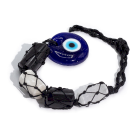 Lógó kő medál - fekete turmalin és szelenit- kék üveg szem